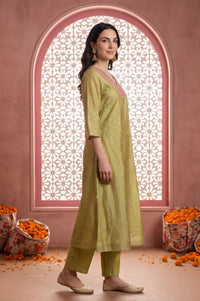 Green Textured Yarn Dyed Embroidered Chanderi A-line Kurta