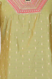 Green Textured Yarn Dyed Embroidered Chanderi A-line Kurta