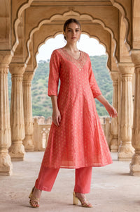 Peach Ethnic Motifs Yarn Dyed Embroidered Chanderi A-line Kurta