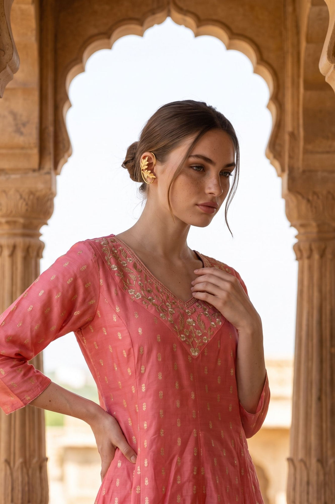 Peach Ethnic Motifs Yarn Dyed Embroidered Chanderi A-line Kurta