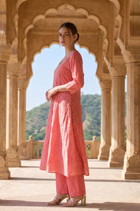 Peach Ethnic Motifs Yarn Dyed Embroidered Chanderi A-line Kurta