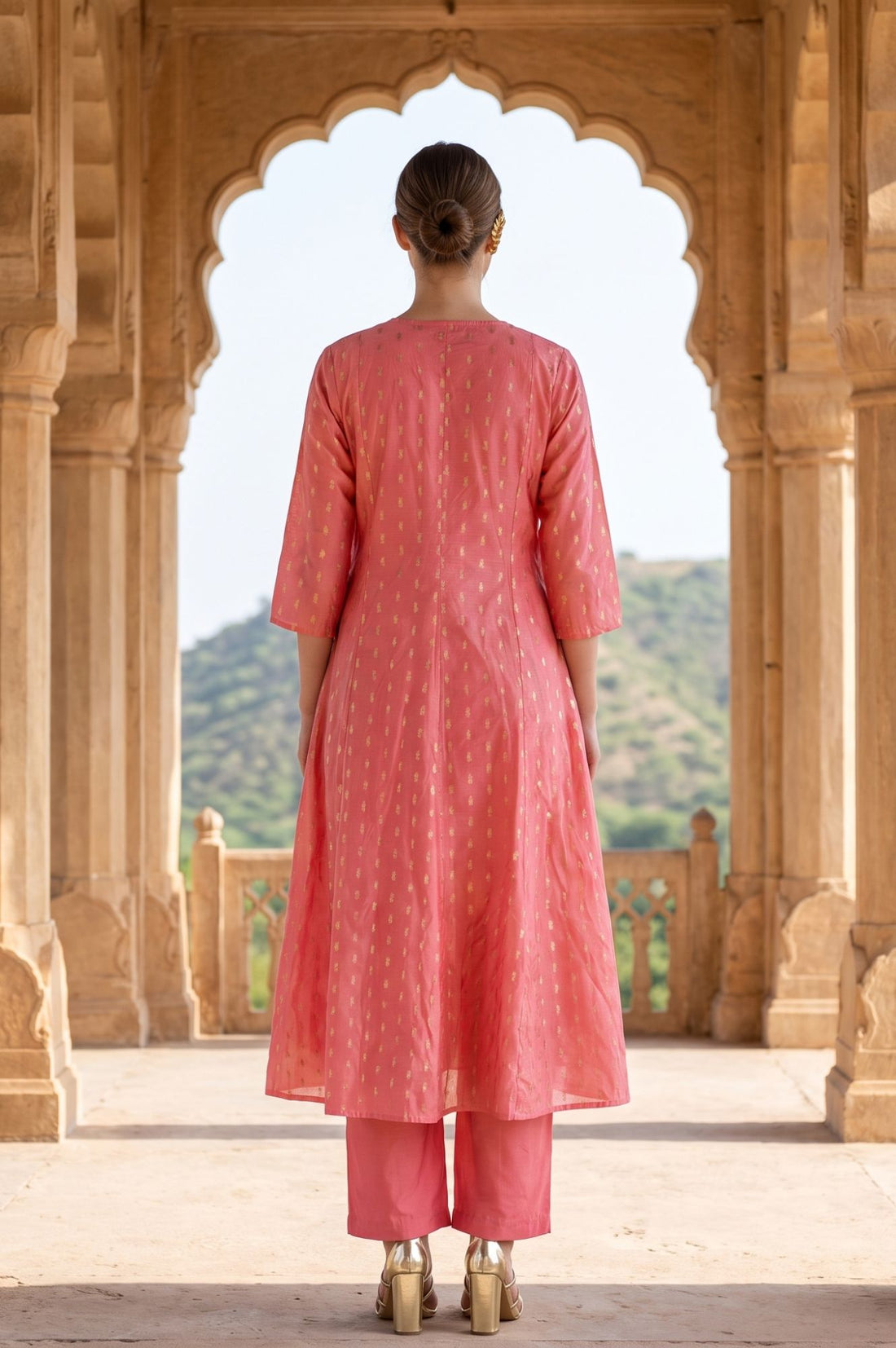Peach Ethnic Motifs Yarn Dyed Embroidered Chanderi A-line Kurta