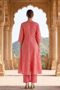 Peach Ethnic Motifs Yarn Dyed Embroidered Chanderi A-line Kurta