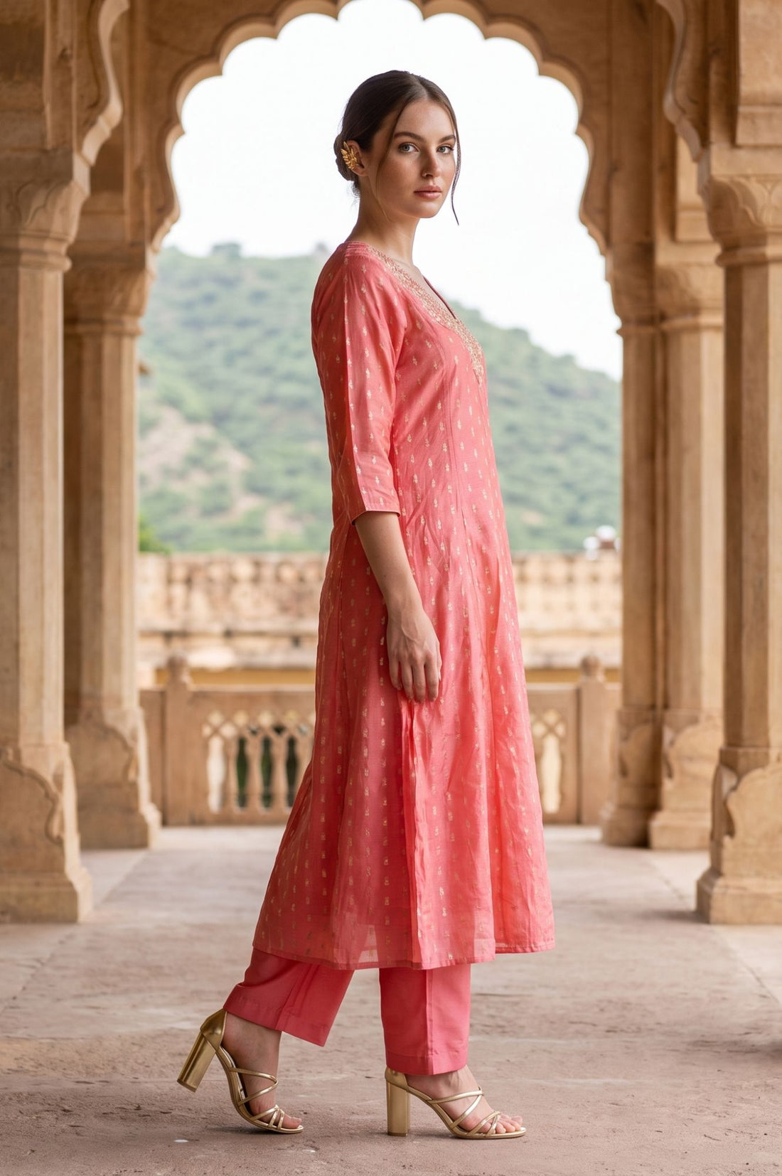 Peach Ethnic Motifs Yarn Dyed Embroidered Chanderi A-line Kurta