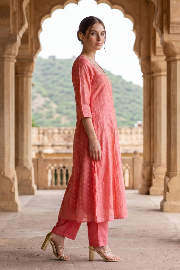 Peach Ethnic Motifs Yarn Dyed Embroidered Chanderi A-line Kurta