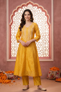 Yellow Yarn Dyed Embroidered Chanderi A-line Kurta