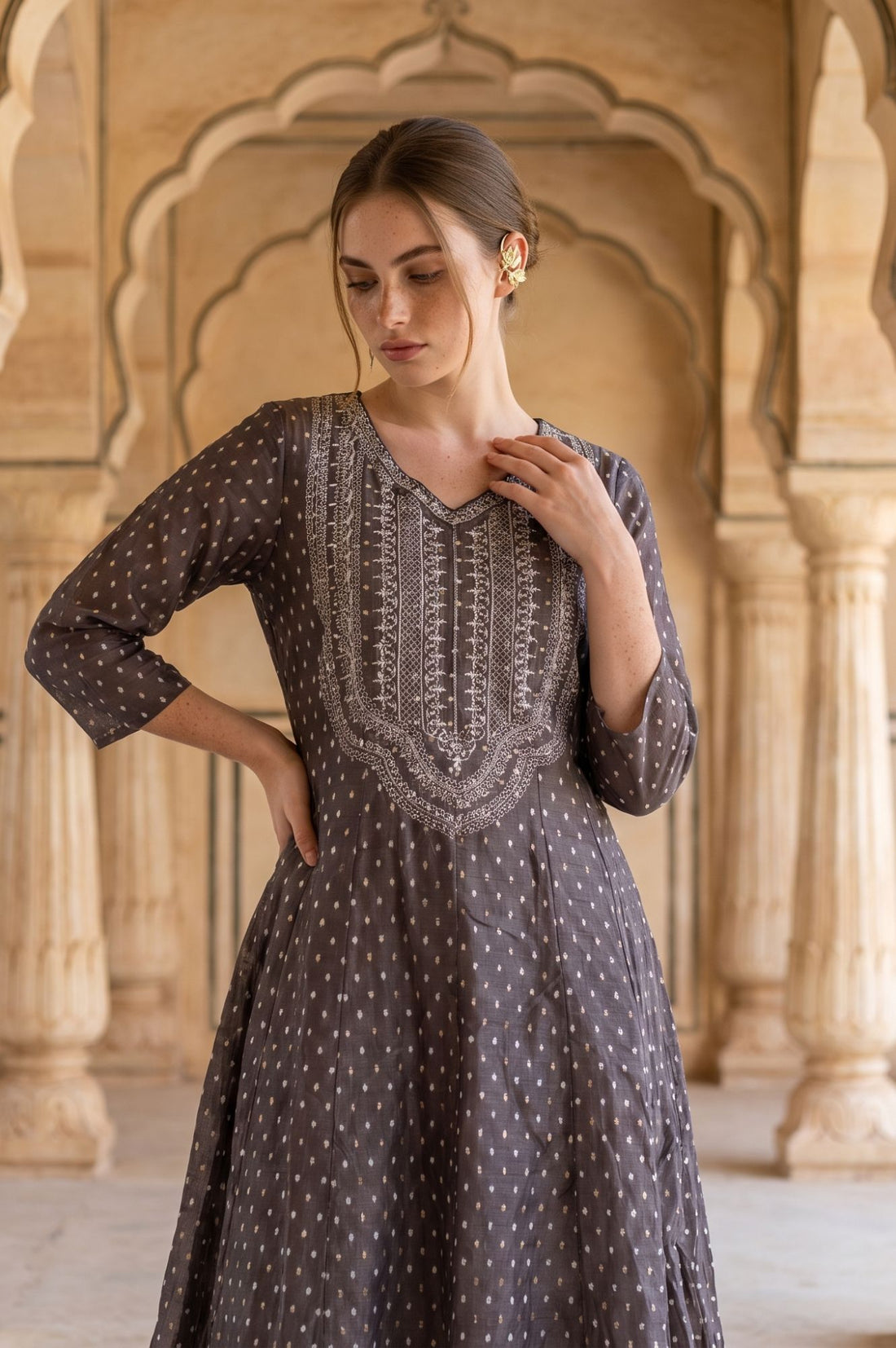 Grey Yarn Dyed Embroidered Chanderi Butti A-line Kurta