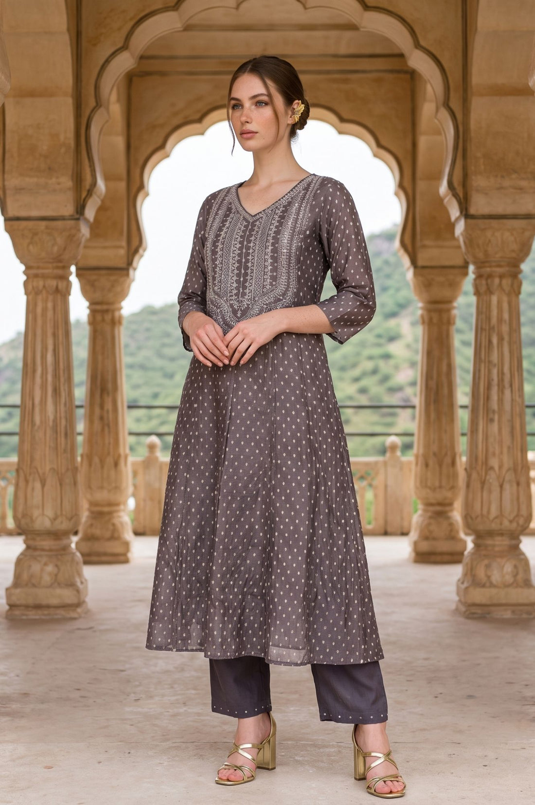 Grey Yarn Dyed Embroidered Chanderi Butti A-line Kurta