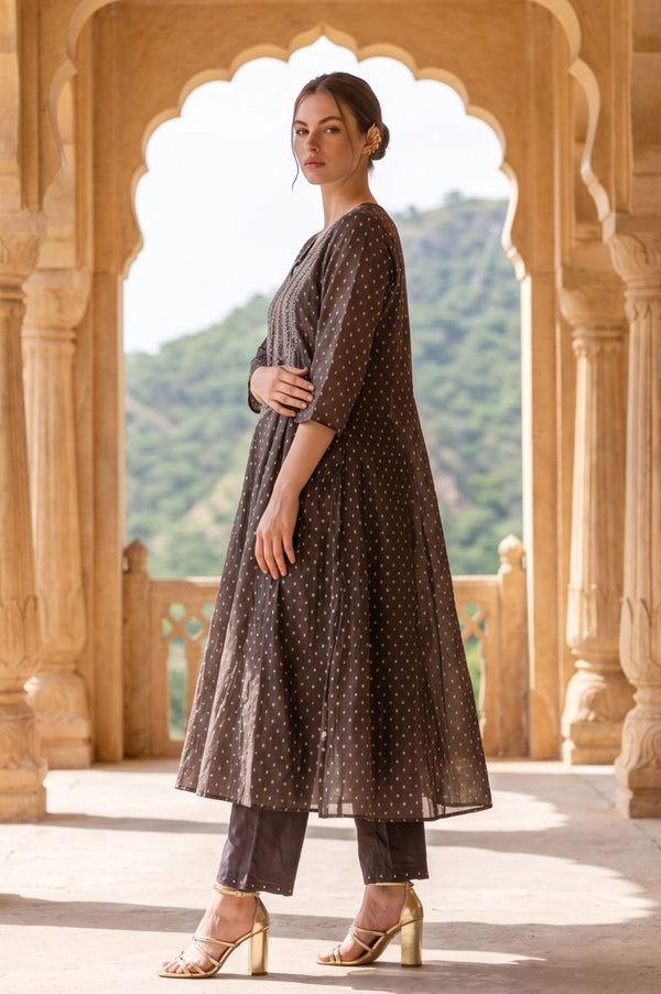 Grey Yarn Dyed Embroidered Chanderi Butti A-line Kurta