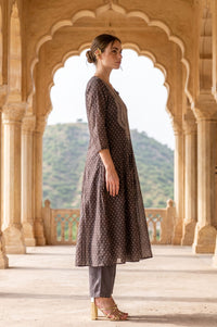 Grey Yarn Dyed Embroidered Chanderi Butti A-line Kurta