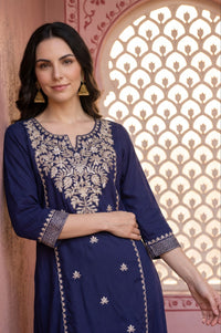 Navy Blue Embroidered Rayon Straight Kurta