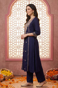 Navy Blue Embroidered Rayon Straight Kurta