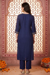 Navy Blue Embroidered Rayon Straight Kurta