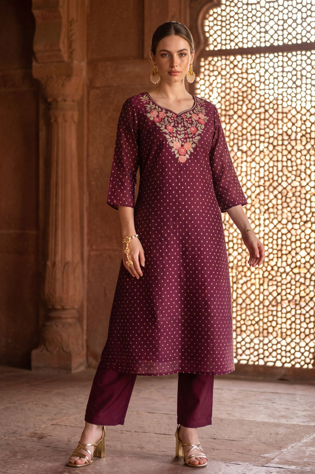 Puple Yarn Dyed Embroidered Chanderi Straight Kurta