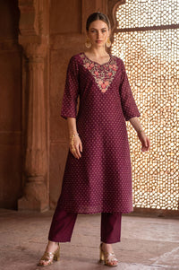 Puple Yarn Dyed Embroidered Chanderi Straight Kurta