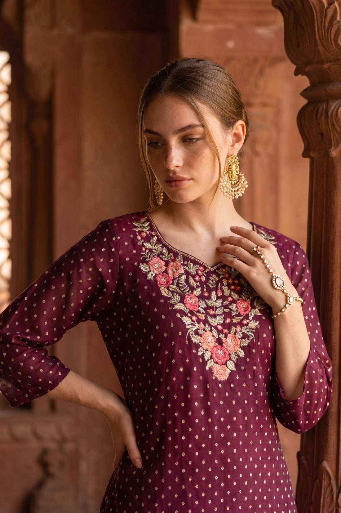 Puple Yarn Dyed Embroidered Chanderi Straight Kurta