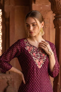 Puple Yarn Dyed Embroidered Chanderi Straight Kurta