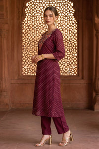 Puple Yarn Dyed Embroidered Chanderi Straight Kurta