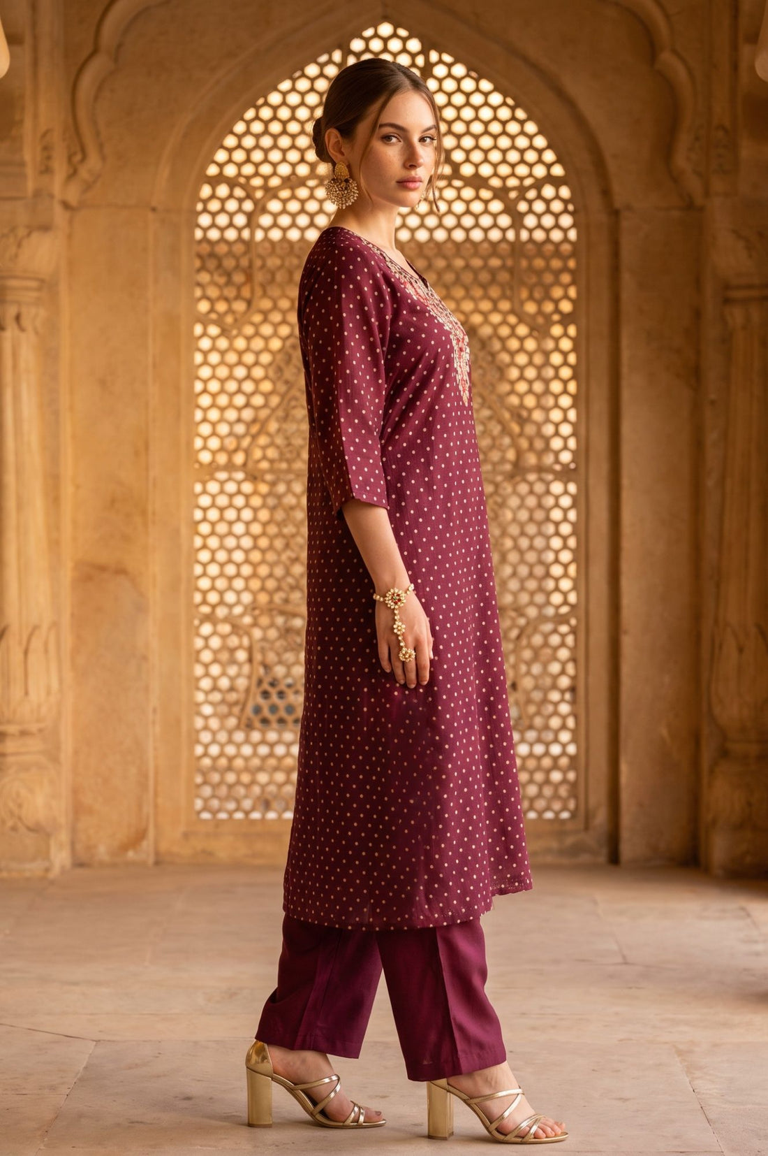 Puple Yarn Dyed Embroidered Chanderi Straight Kurta