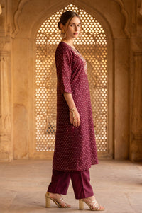 Puple Yarn Dyed Embroidered Chanderi Straight Kurta