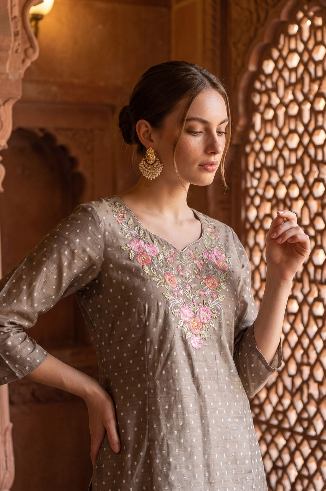 Taupe Yarn Dyed Embroidered Chanderi Straight Kurta