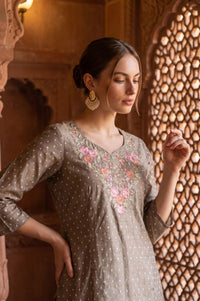 Taupe Yarn Dyed Embroidered Chanderi Straight Kurta
