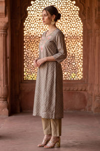 Taupe Yarn Dyed Embroidered Chanderi Straight Kurta