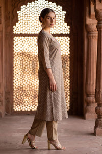 Taupe Yarn Dyed Embroidered Chanderi Straight Kurta