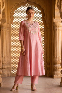 Pink Yarn Dyed Embroidered Flared Kurta
