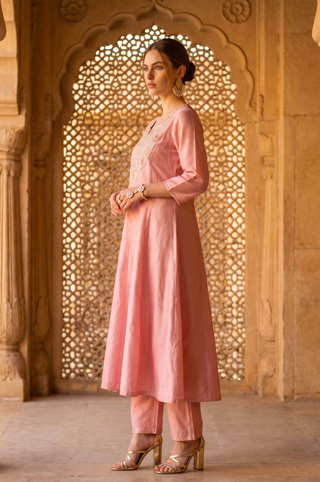 Pink Yarn Dyed Embroidered Flared Kurta