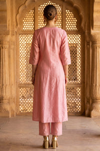 Pink Yarn Dyed Embroidered Flared Kurta
