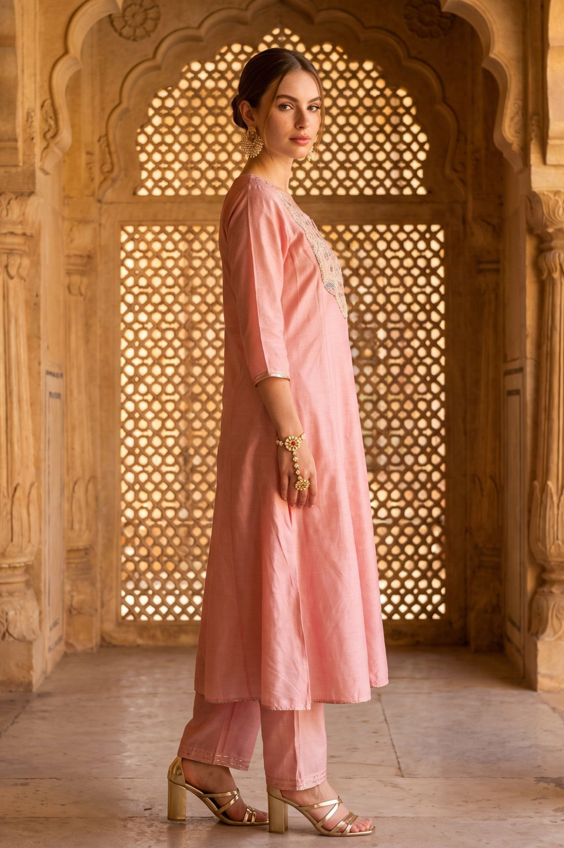 Pink Yarn Dyed Embroidered Flared Kurta