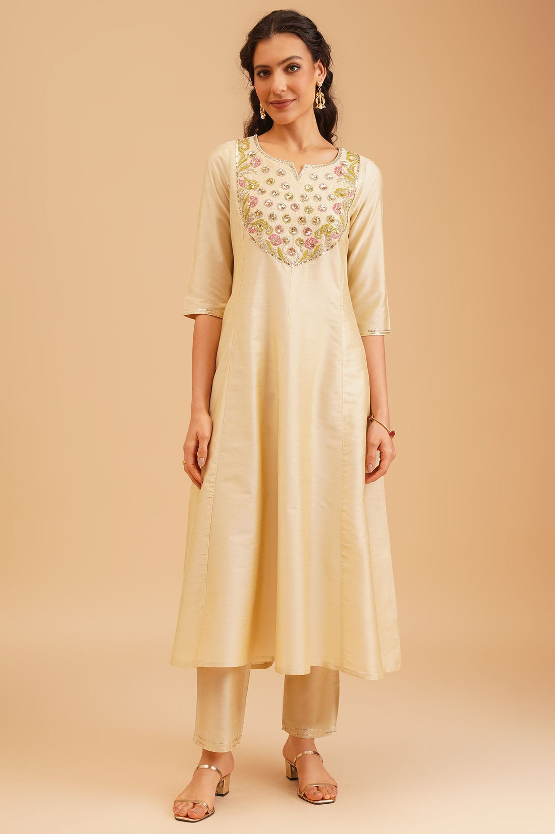 Beige Embroidered A-line Kurta