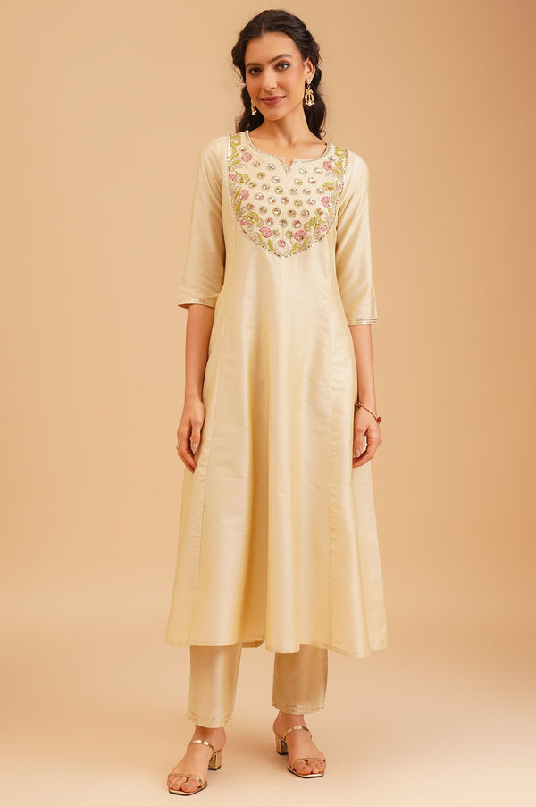 Beige Embroidered A-line Kurta