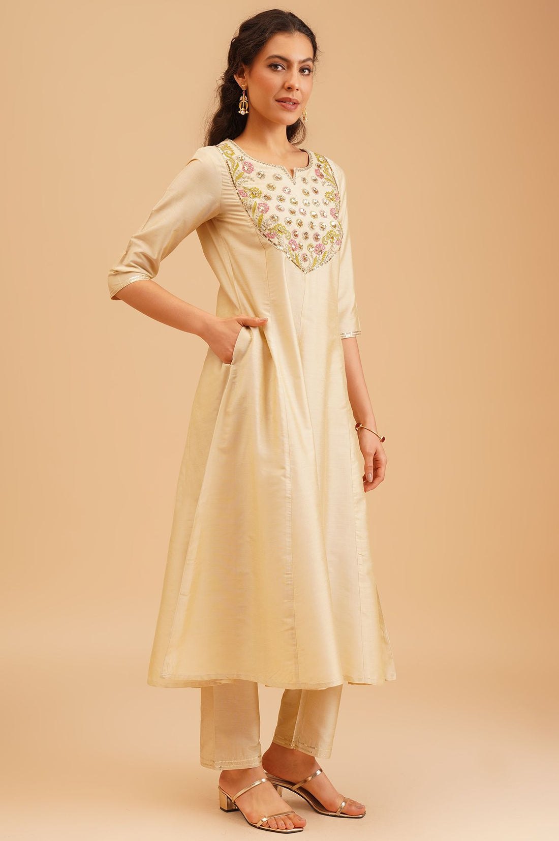 Beige Embroidered A-line Kurta