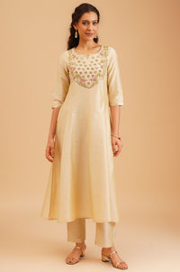 Beige Embroidered A-line Kurta