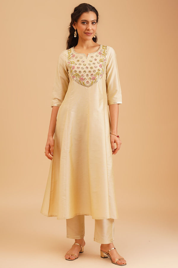 Beige Embroidered A-line Kurta