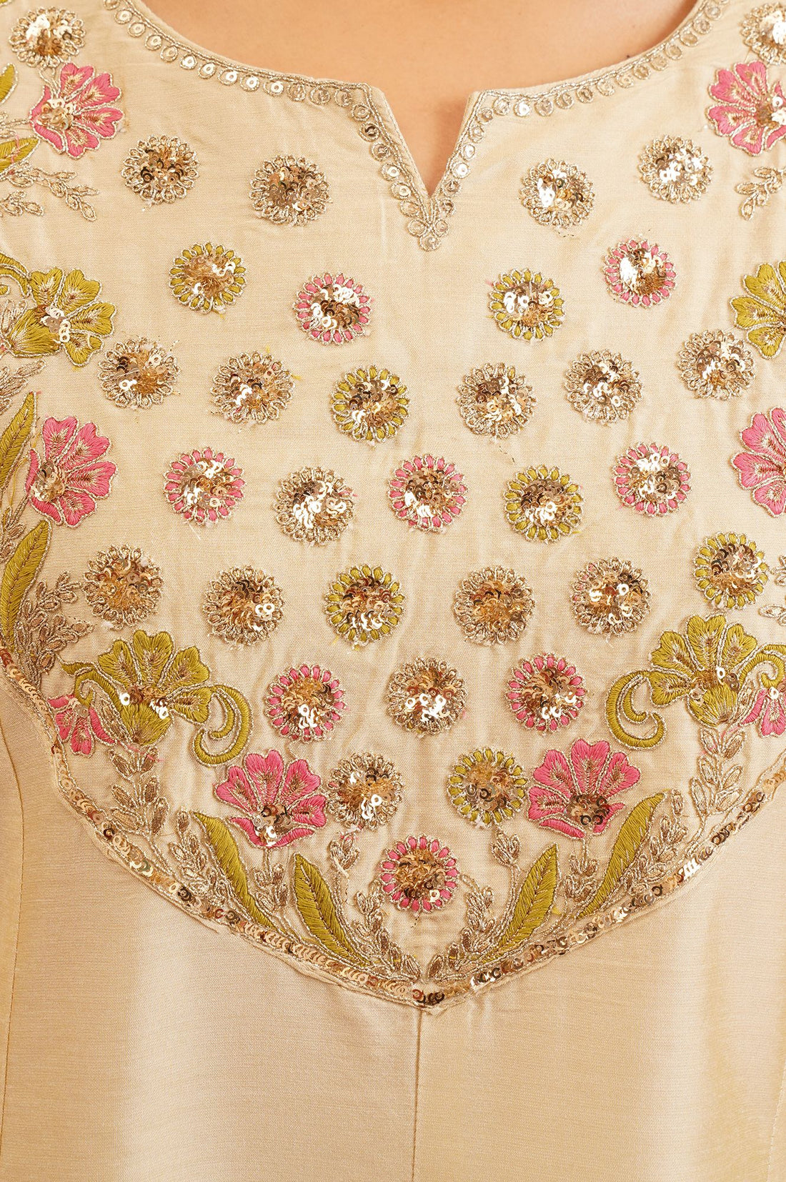 Beige Embroidered A-line Kurta