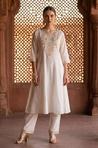 Off White Yarn Dyed Zari Embroidered A-line Kurta