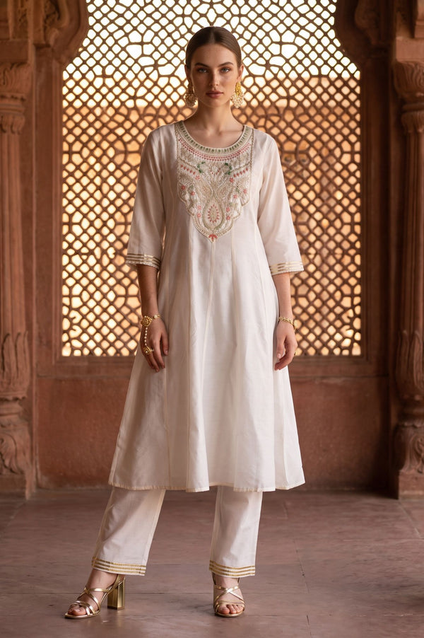 Off White Yarn Dyed Zari Embroidered A-line Kurta