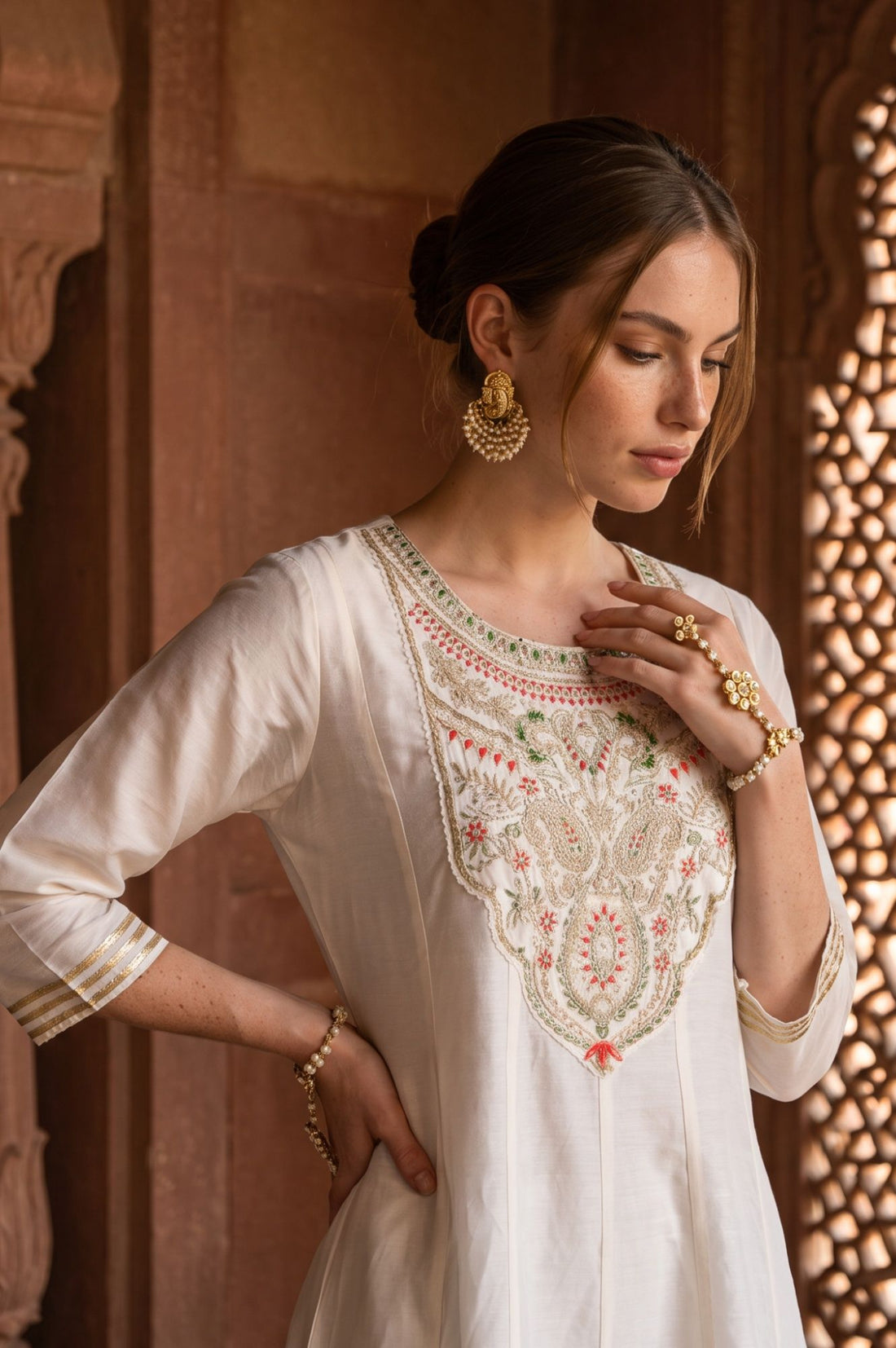 Off White Yarn Dyed Zari Embroidered A-line Kurta