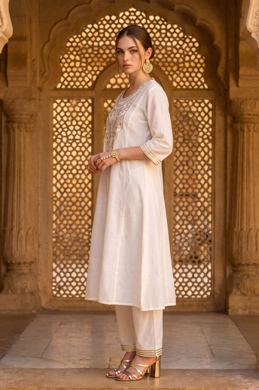 Off White Yarn Dyed Zari Embroidered A-line Kurta