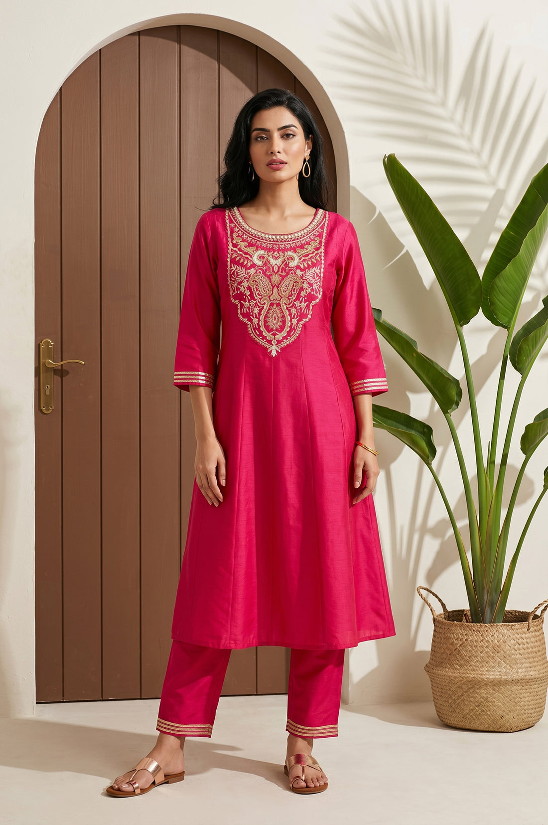 Fuchsia Zari Embroidered Flared Kurta