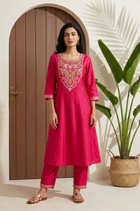 Fuchsia Zari Embroidered Flared Kurta