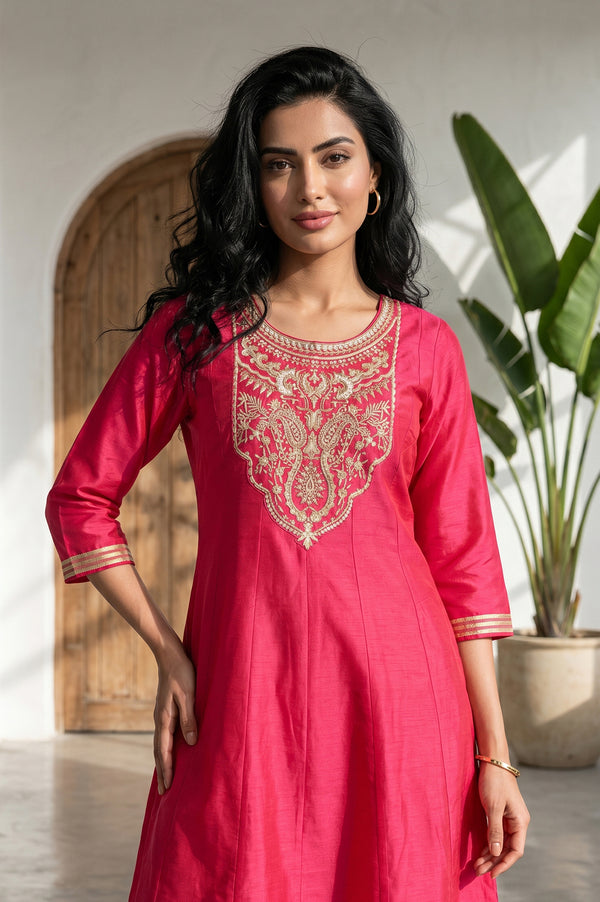 Fuchsia Zari Embroidered Flared Kurta