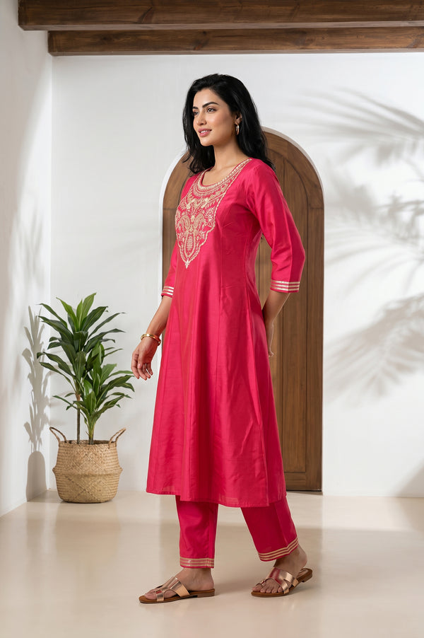 Fuchsia Zari Embroidered Flared Kurta