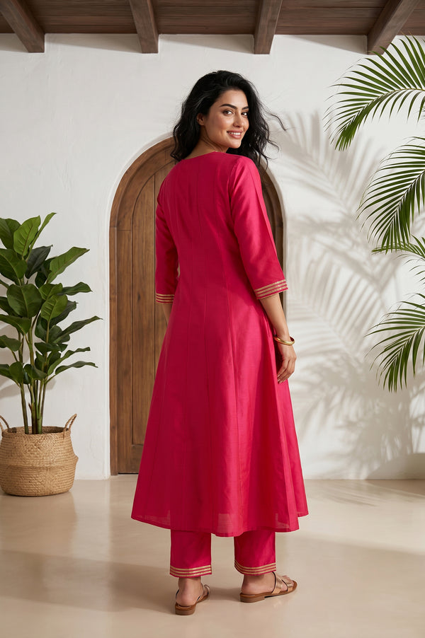 Fuchsia Zari Embroidered Flared Kurta