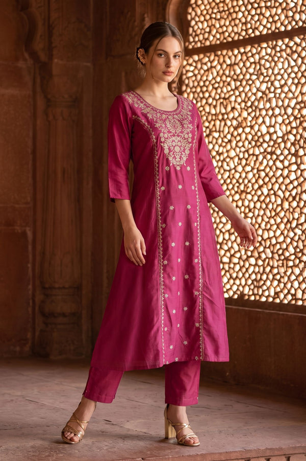 Pink Embroidered Straight Kurta