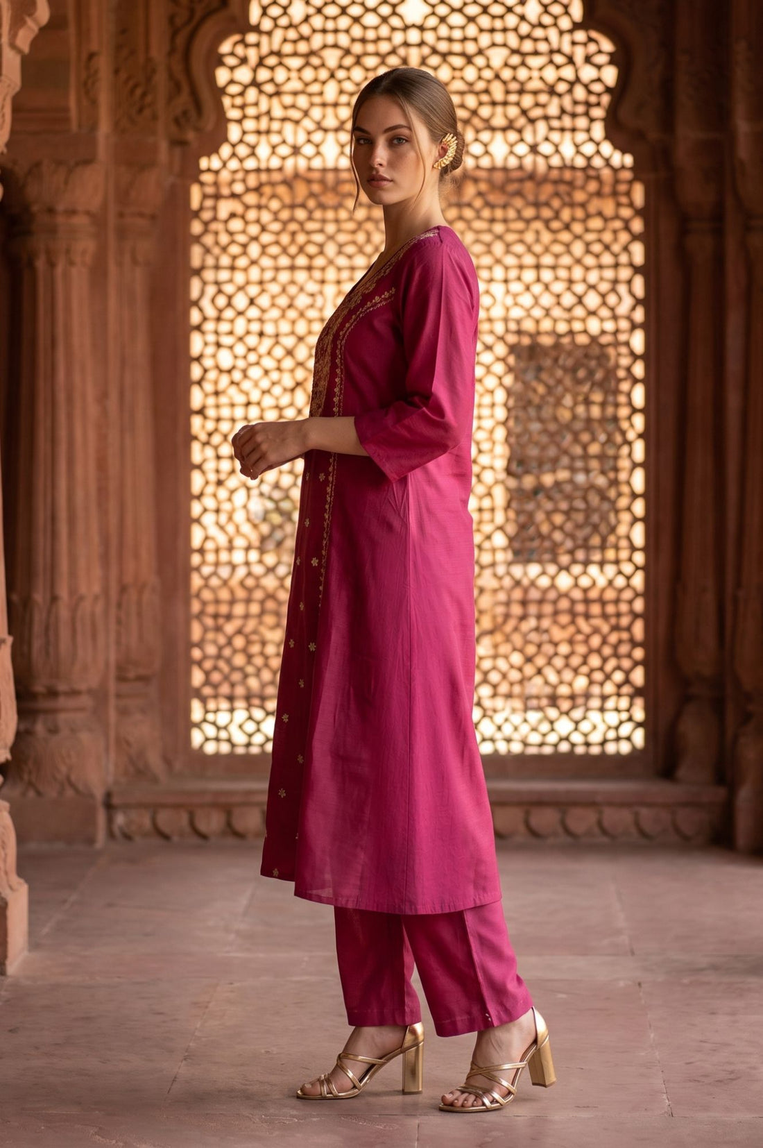 Pink Embroidered Straight Kurta
