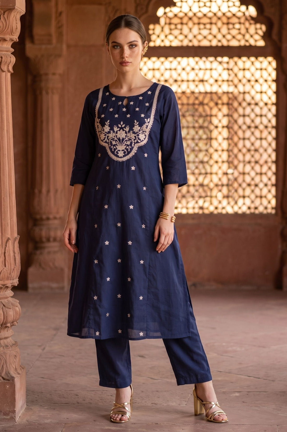 Navy Blue Yarn Dyed Embroidered Straight Kurta